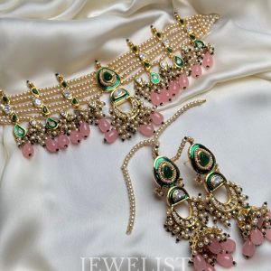 Seher Meenakari Kundan Set: Pink Pearl Necklace with Enamel Pendant and Matching Earrings by Jewelist.pk