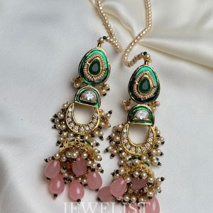 Seher Meenakari Kundan Set: Pink Pearl Necklace with Enamel Pendant and Matching Earrings by Jewelist.pk