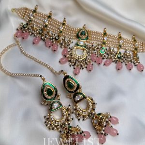 Seher Meenakari Kundan Set: Pink Pearl Necklace with Enamel Pendant and Matching Earrings by Jewelist.pk