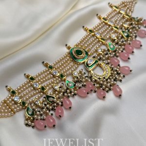 Seher Meenakari Kundan Set: Pink Pearl Necklace with Enamel Pendant and Matching Earrings by Jewelist.pk