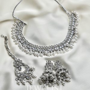 Shehnoor Necklace Set in Silver Reverse AD with Jhumka Earrings and Teeka by Jewelist.pk - Jewellery Brand