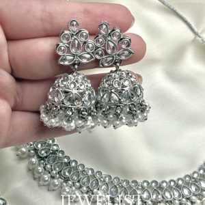 Shehnoor Necklace Set in Silver Reverse AD with Jhumka Earrings and Teeka by Jewelist.pk - Jewellery Brand