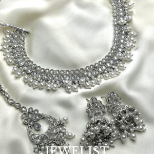 Shehnoor Necklace Set in Silver Reverse AD with Jhumka Earrings and Teeka by Jewelist.pk - Jewellery Brand