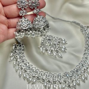 Sheila Reverse AD Set in Silver - Bridal Necklace, Earrings, and Teeka by Jewelist.pk - Jewellery Brand.