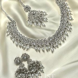 Sheila Reverse AD Set in Silver - Bridal Necklace, Earrings, and Teeka by Jewelist.pk - Jewellery Brand.