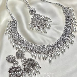 Sheila Reverse AD Set in Silver - Bridal Necklace, Earrings, and Teeka by Jewelist.pk - Jewellery Brand.