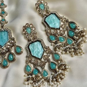 Sky Set Earrings Teeka in Aqua Blue and Pink with Pearls and Stones by Jewelist.pk - Jewellery Brand