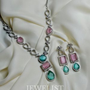 Two-Toned Candy Delight Necklace Set - Pink and Aqua Artificial Jewellery with American Diamonds by Jewelist.pk