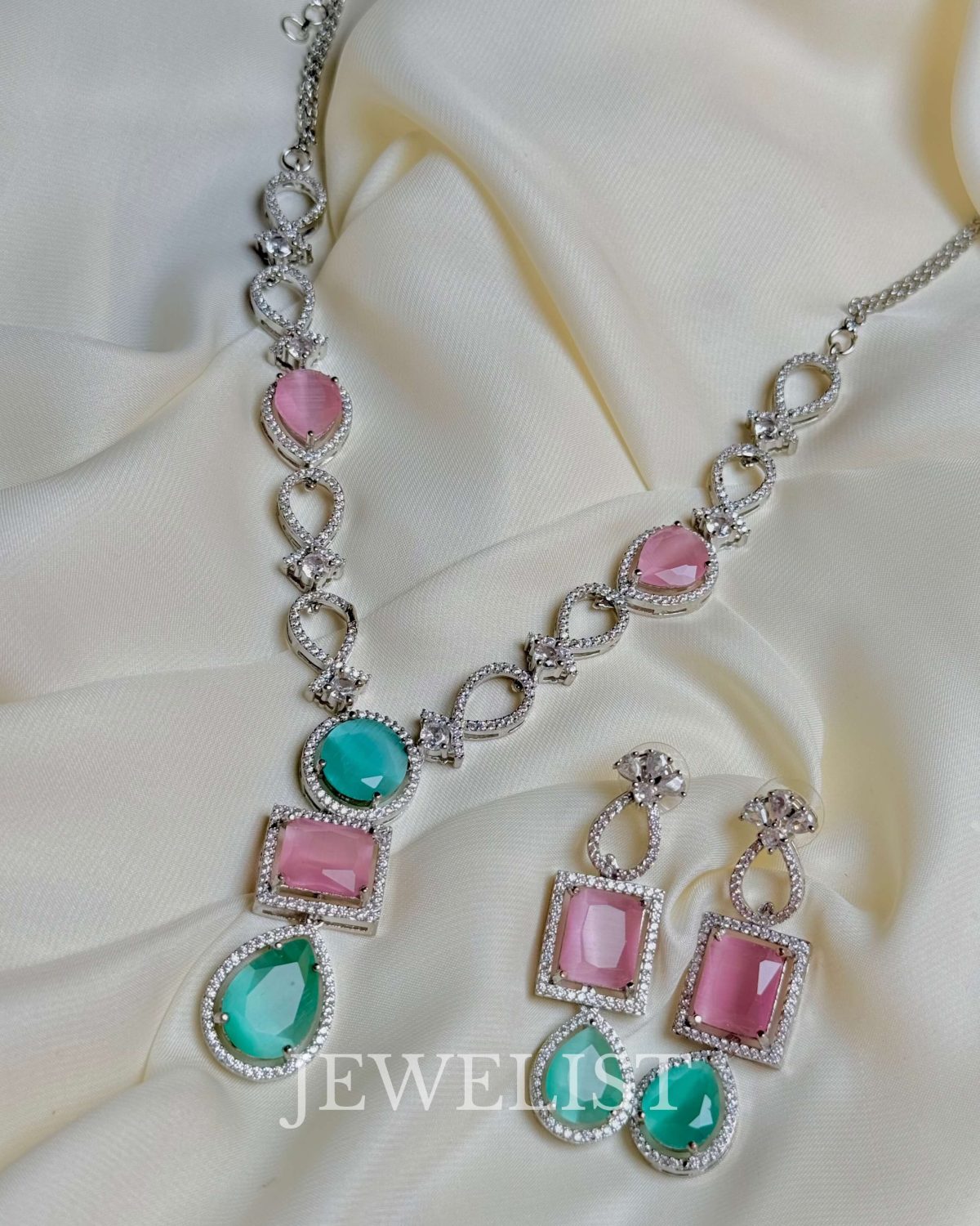 Two-Toned Candy Delight Necklace Set - Pink and Aqua Artificial Jewellery with American Diamonds by Jewelist.pk