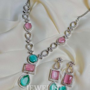 Two-Toned Candy Delight Necklace Set - Pink and Aqua Artificial Jewellery with American Diamonds by Jewelist.pk