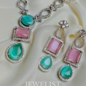 Two-Toned Candy Delight Necklace Set - Pink and Aqua Artificial Jewellery with American Diamonds by Jewelist.pk