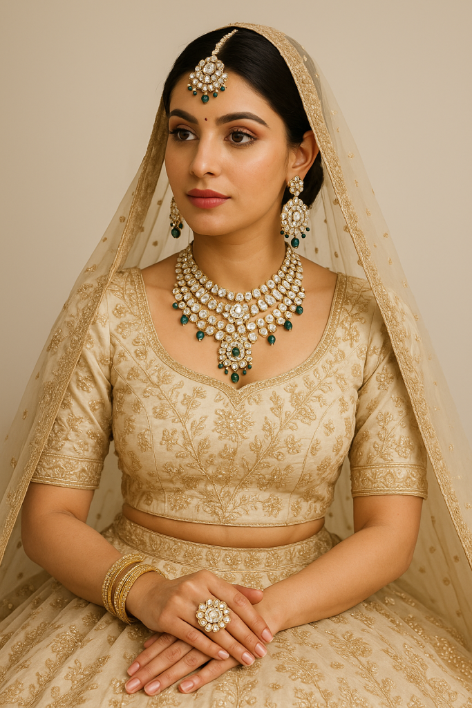 A South Asian bride in a cream and gold embroidered lehenga poses gracefully against a beige background - wearing artificial jewellery for weddin. She is adorned with intricate artificial jewellery, including a layered choker necklace, matching earrings, a maang tikka, bangles, and a statement ring, all embellished with green accents. Her makeup is soft and elegant, and a delicate dupatta is draped over her head, enhancing her traditional bridal look.