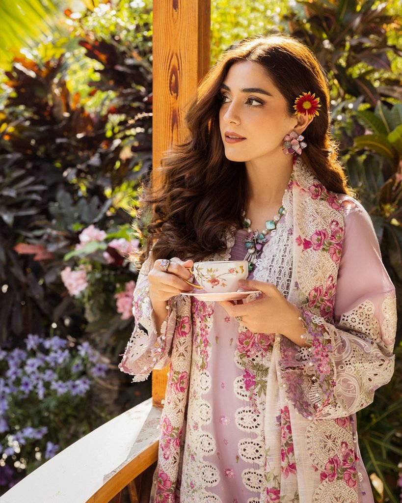 model wearing pink and mint long mala with mother of pearl - artificial jewellery by jewelist.pk