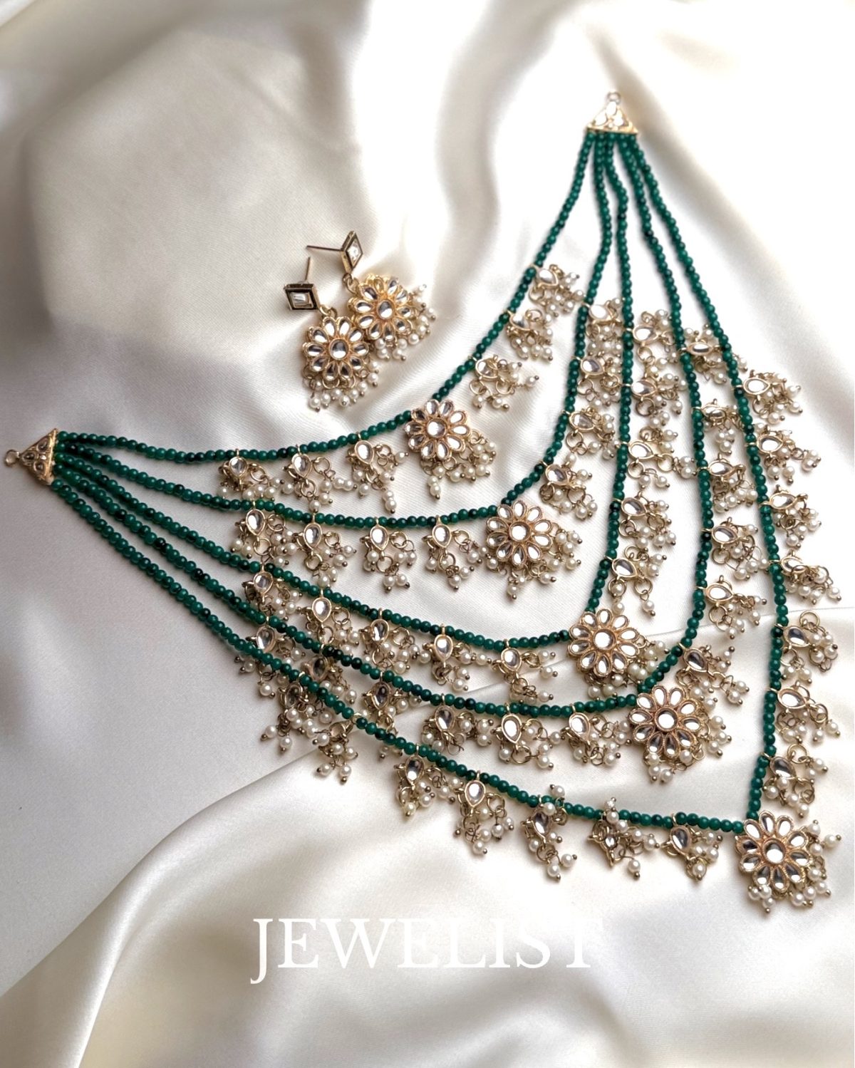 Green Beaded Kundan Mala with Earrings