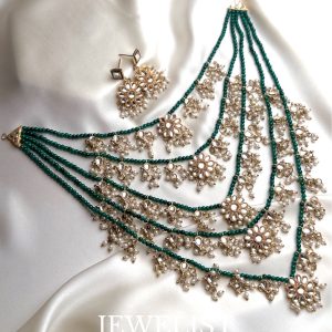Green Beaded Kundan Mala with Earrings