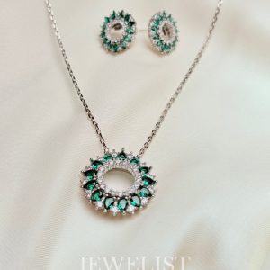 Halo Pendant Set by Jewelist.pk in green and silver – Pakistani Artificial Jewellery