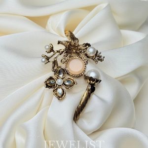 Regal Bloom Cuff by Jewelist.pk in Antique Gold with Pearl and Kundan Detailing