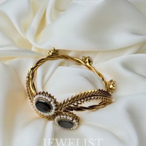 Majestic Noir Kada – Jewelist.pk Gold Bangle with Black Stone and Pearl Detailing