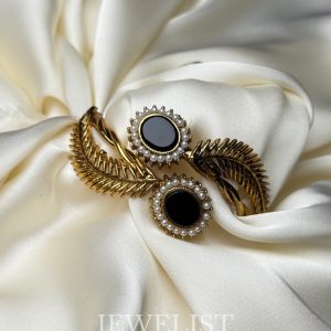 Majestic Noir Kada – Jewelist.pk Gold Bangle with Black Stone and Pearl Detailing