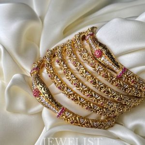 Exquisite Rose Inspired Ruby Gold Plated Bangle Set - Pakistani Bridal Gold Plated Bangles for Pre-Order