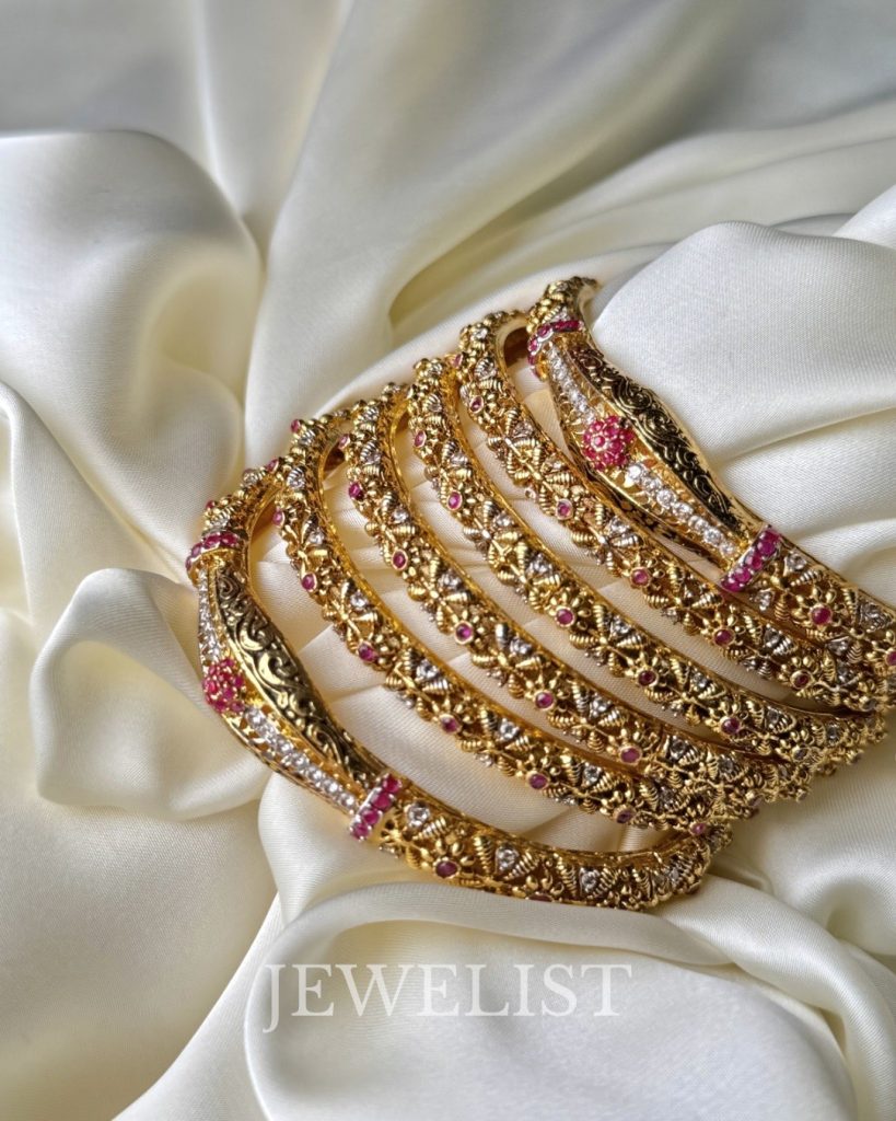 Exquisite Rose Inspired Ruby Gold Plated Bangle Set - Artificial Jewellery by Jewelist.pk