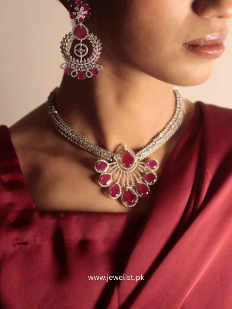 Model wearing Fuchsia Fanfare Set by Jewelist