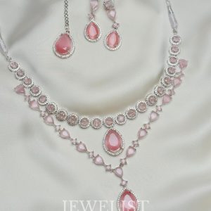 Twilight Brilliance Set by Jewelist.pk – double-layer blush pink stone necklace with zircon halo detailing and coordinating drop earrings, perfect Pakistani artificial jewellery.