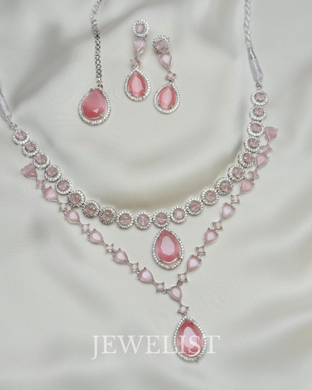 Twilight Brilliance Set by Jewelist.pk – double-layer blush pink stone necklace with zircon halo detailing and coordinating drop earrings, perfect Pakistani artificial jewellery.