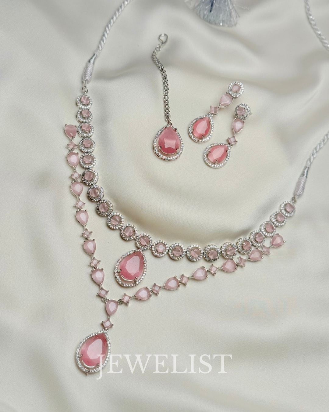 Twilight Brilliance Set by Jewelist.pk – double-layer blush pink stone necklace with zircon halo detailing and coordinating drop earrings, perfect Pakistani artificial jewellery.