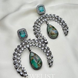 Victorian Teal Chandelier Earrings antique rhodium by Jewelist.pk