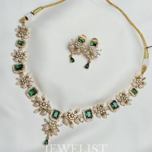 Emerald Floral Necklace Set – Gold Pakistani festive artificial jewellery