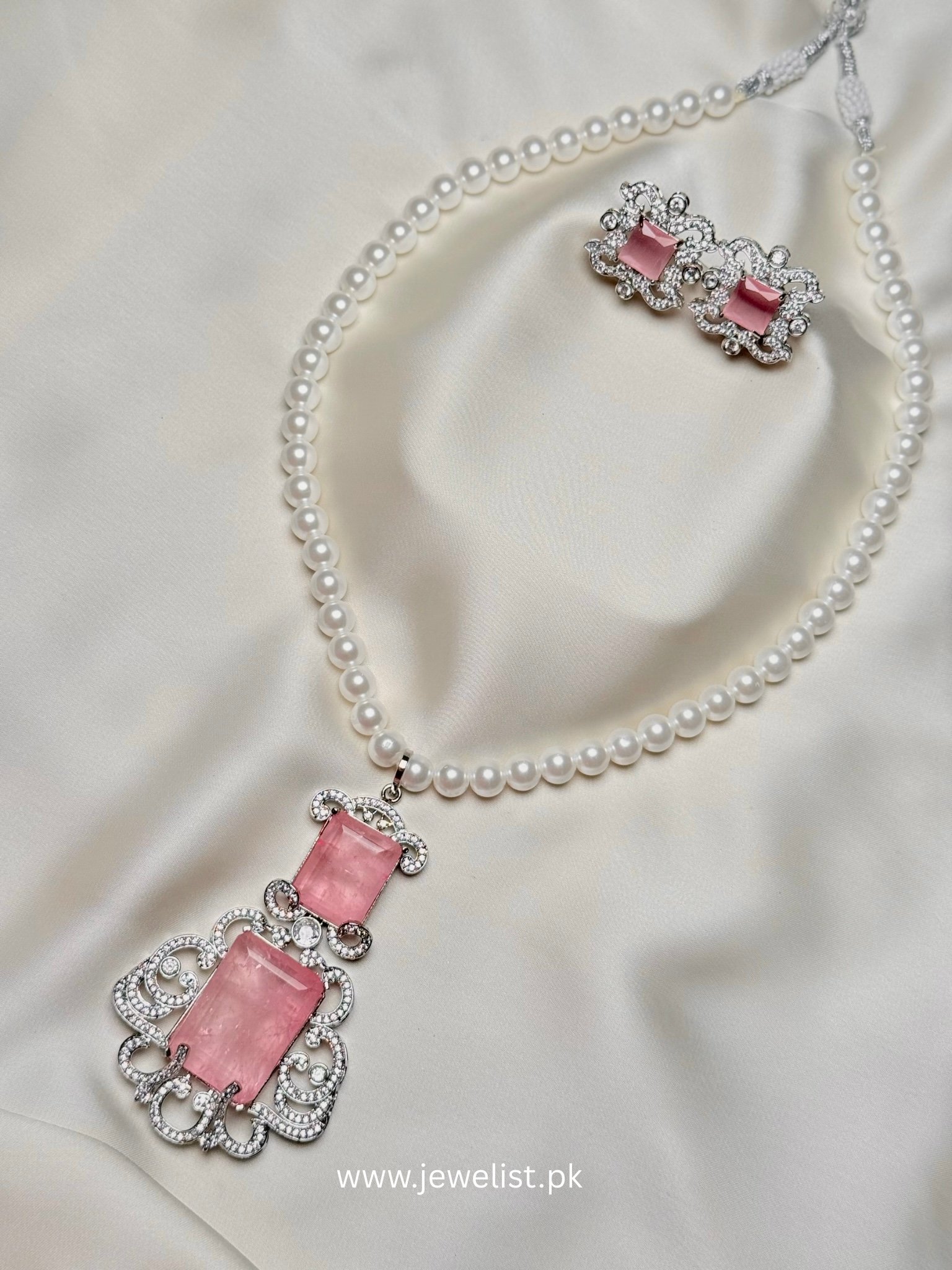 Doublet Pearl Mala Set pink variation with crystal-inspired ornate pendant by Jewelist