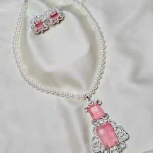 Doublet Pearl Mala Set by Jewelist in pink with pearl-like beads and matching earrings