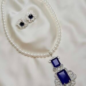 Doublet Pearl Mala Set by Jewelist in deep blue with ornate silver-tone pendant