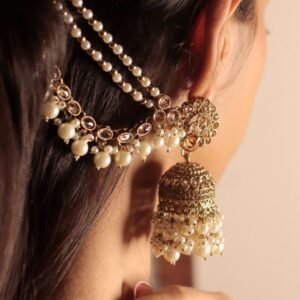 Champagne Pearl Jhumka Set close-up with reverse AD details and pearl-like drops
