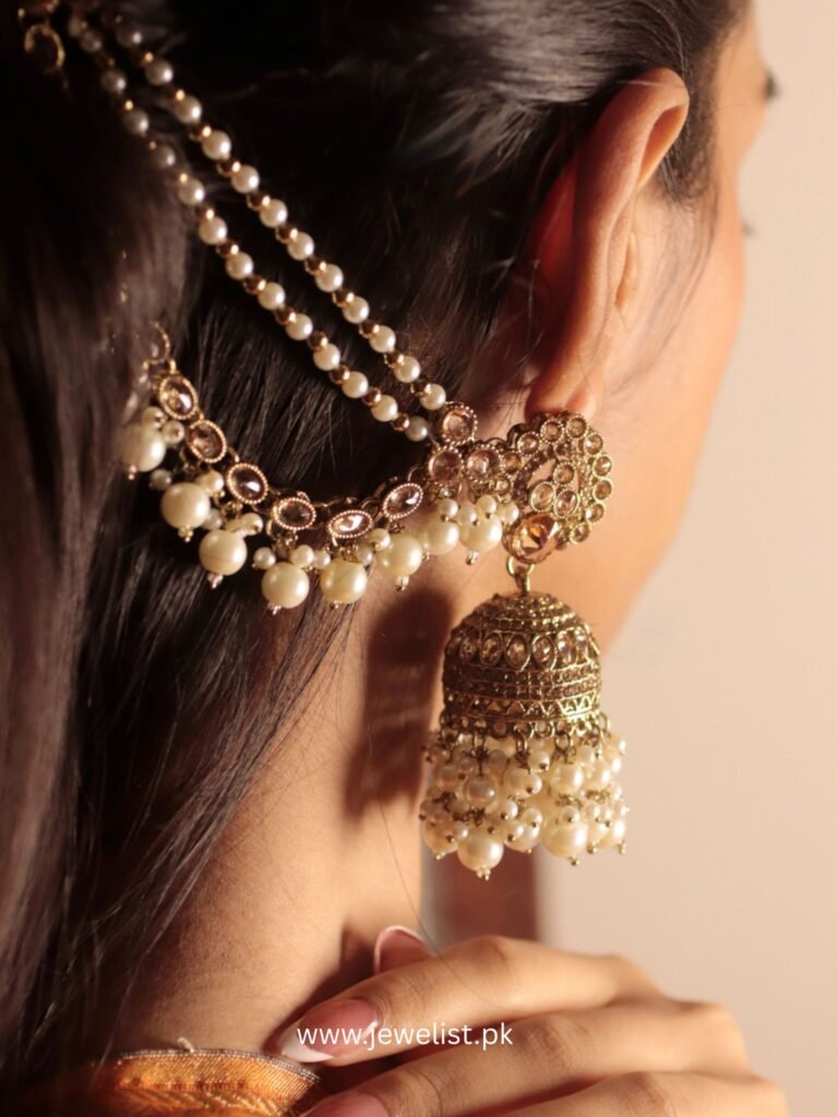 Afreen Jhumka Set – Jhumka Close-Up | Jewelist Champagne Pearl Jhumka Set close-up with reverse AD details and pearl-like drops