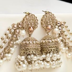 Champagne Pearl Jhumka Set close-up with reverse AD details and pearl-like drops