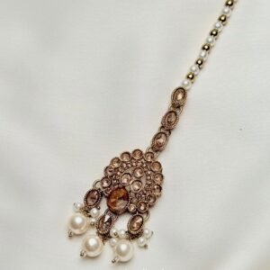 Champagne Pearl Jhumka Set close-up with reverse AD details and pearl-like drops
