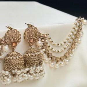 Champagne Pearl Jhumka Set close-up with reverse AD details and pearl-like drops