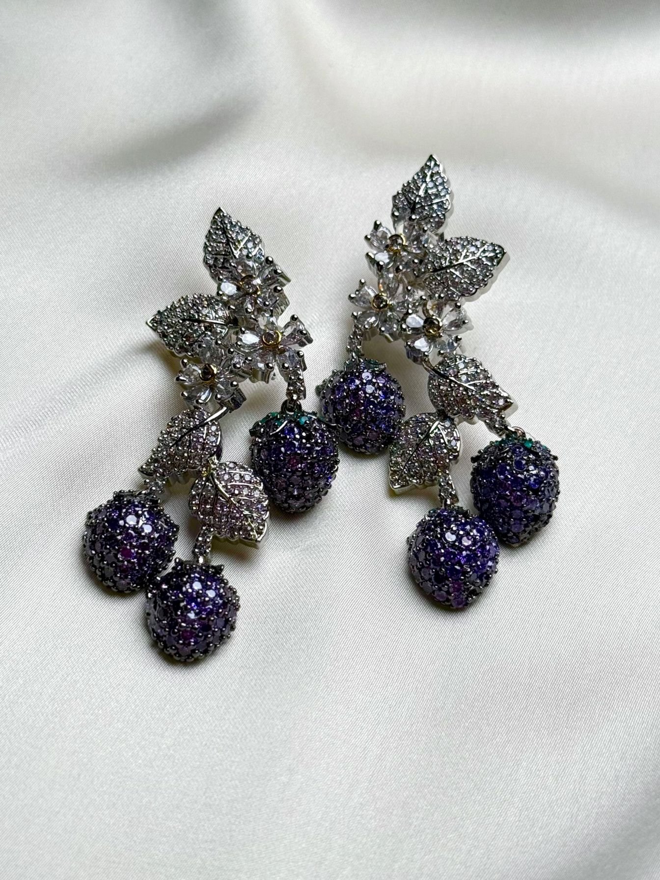 Purple Drop Earrings by Jewelist with berry-inspired drops and crystal-inspired leaf design