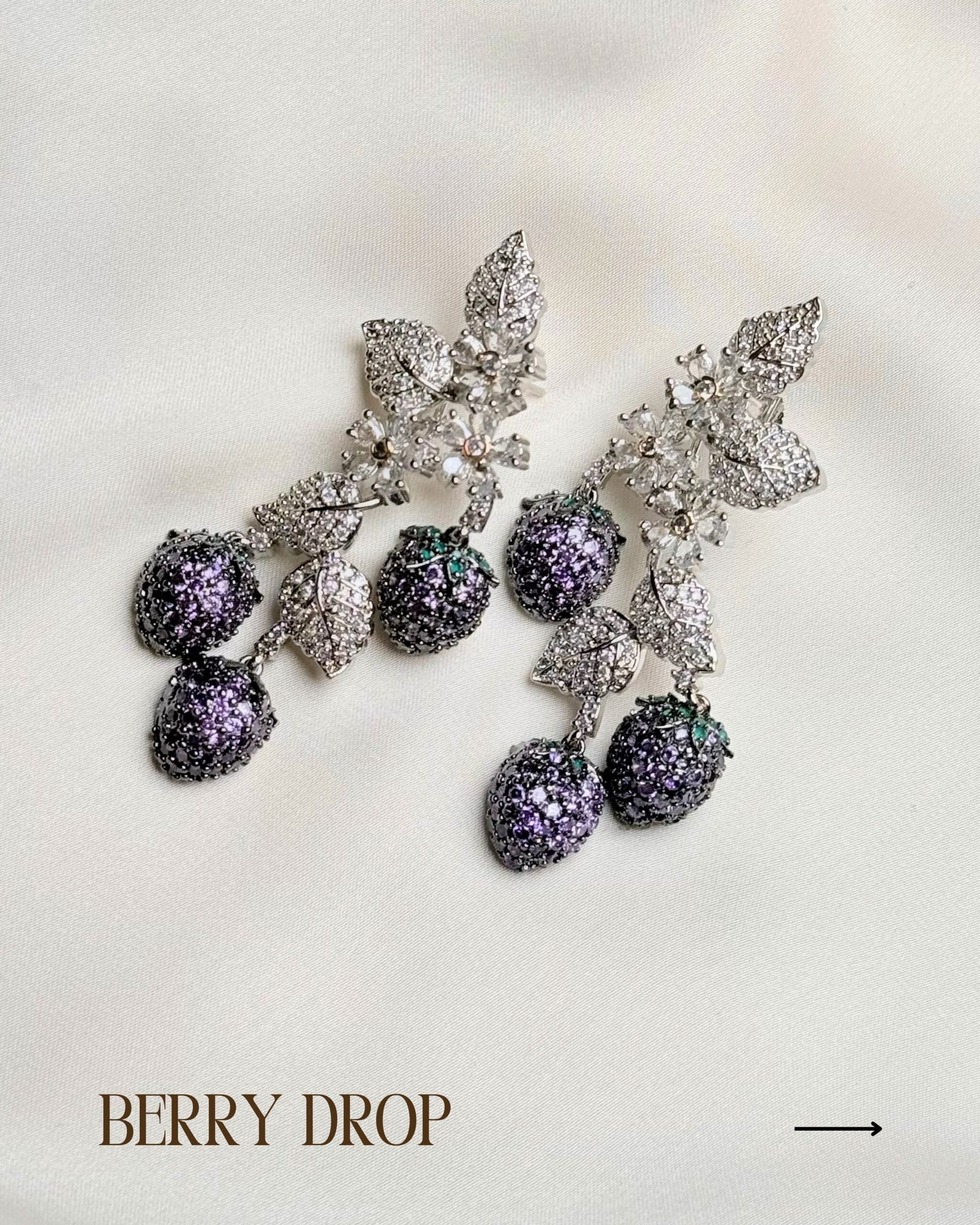 Purple Drop Earrings by Jewelist with berry-inspired drops and crystal-inspired leaf design