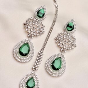 Celesta Set green teardrop earrings with crystal-inspired floral clusters by Jewelist