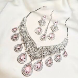 Celesta Set pink cascading teardrop necklace with matching statement earrings