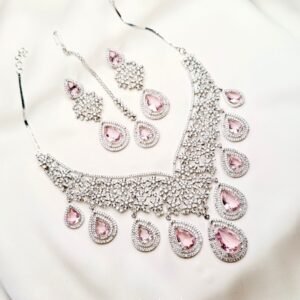 Celesta Set pink floral lattice necklace with cascading teardrop statement design