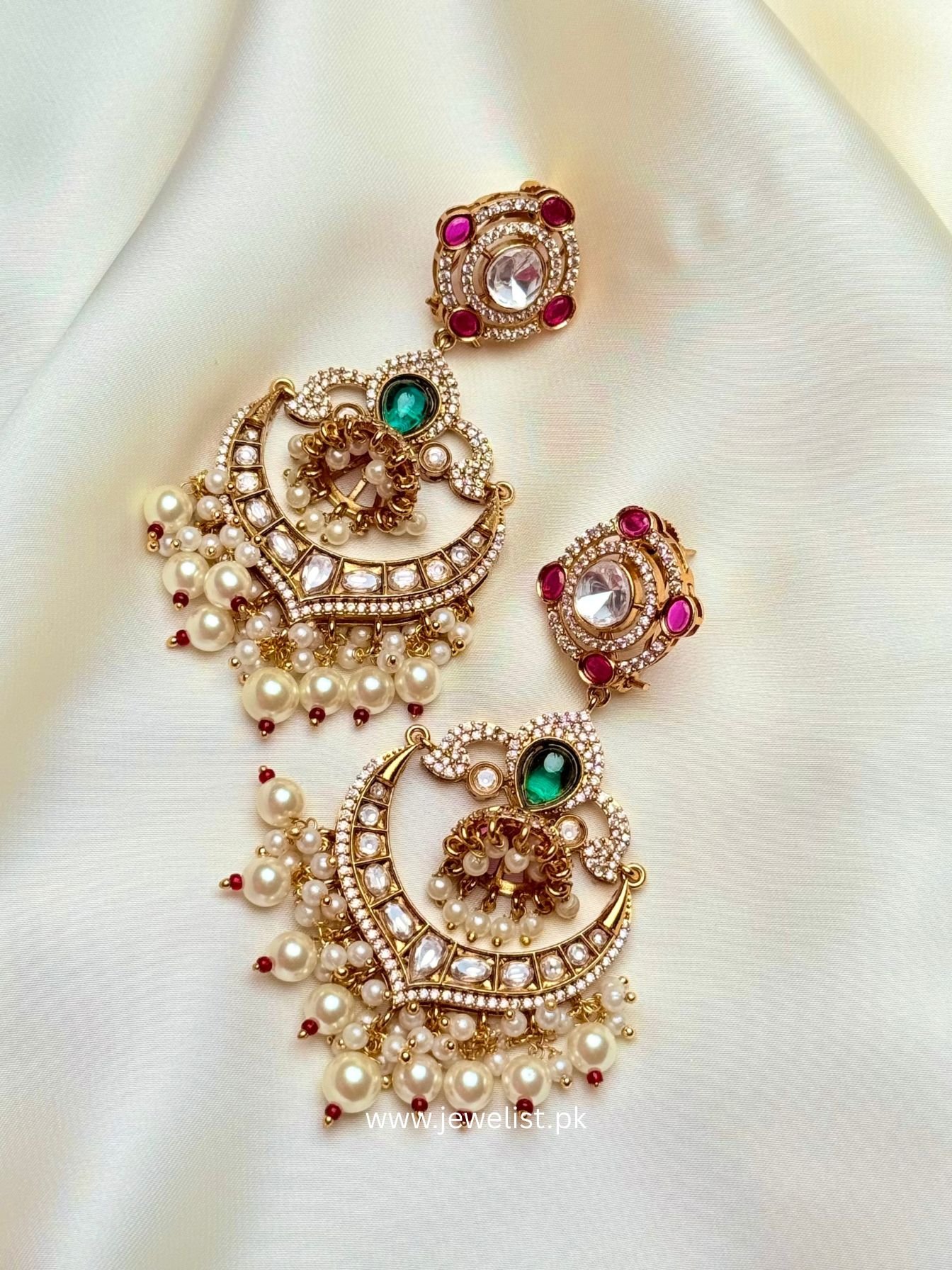 Dilara Chandbalis pearl drop statement earrings with pink and green accents
