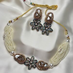 Pearl Floral Statement Necklace Set Laila in aqua with colorful floral crystal-inspired details