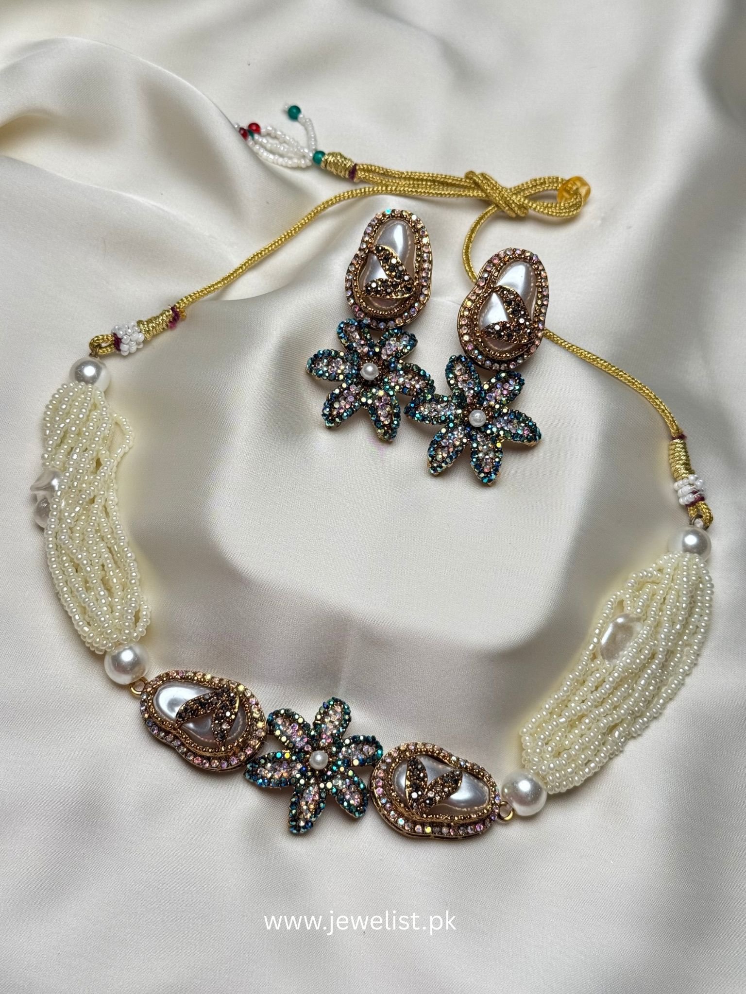 Pearl Floral Statement Necklace Set Laila in aqua with colorful floral crystal-inspired details