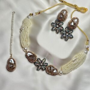 Pearl Floral Statement Necklace Set in aqua with matching floral earrings and tikka
