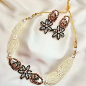 Pearl Floral Statement Necklace Set Laila in green with pearl-like strands and floral earrings