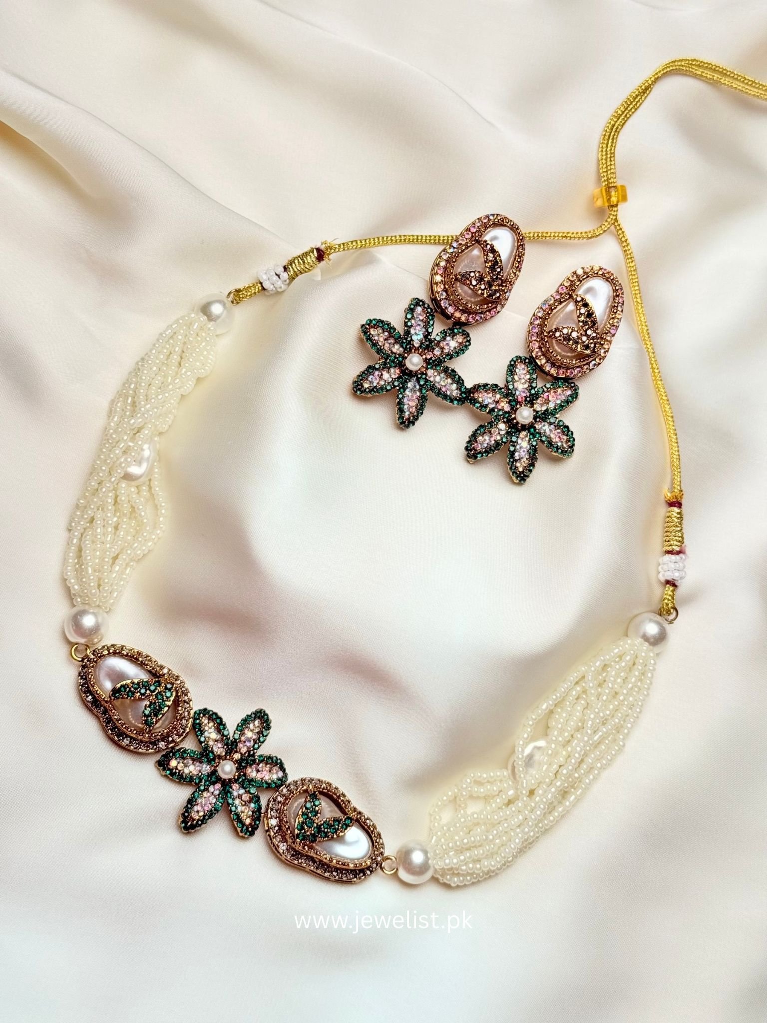 Pearl Floral Statement Necklace Set Laila in green with pearl-like strands and floral earrings